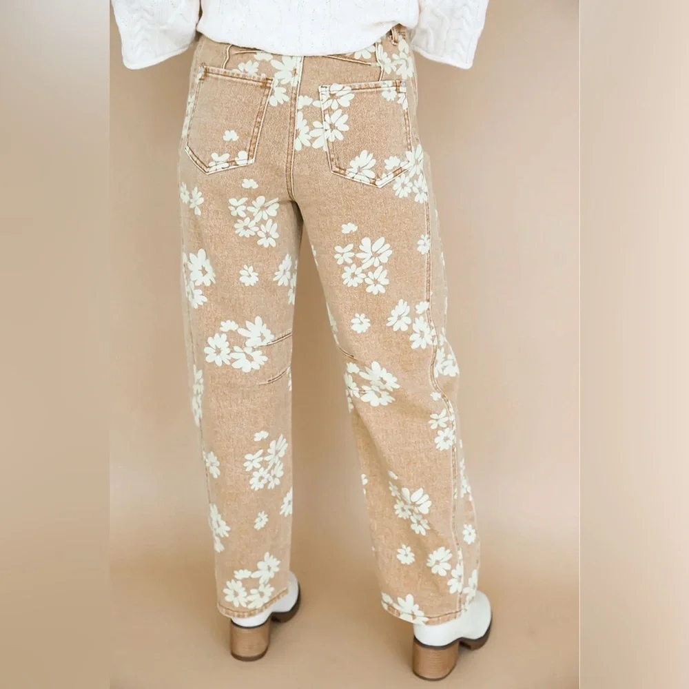 Floral Brown Pants, Entro, Size Medium, Boho, California, Floral Jean - Picture 2 of 8